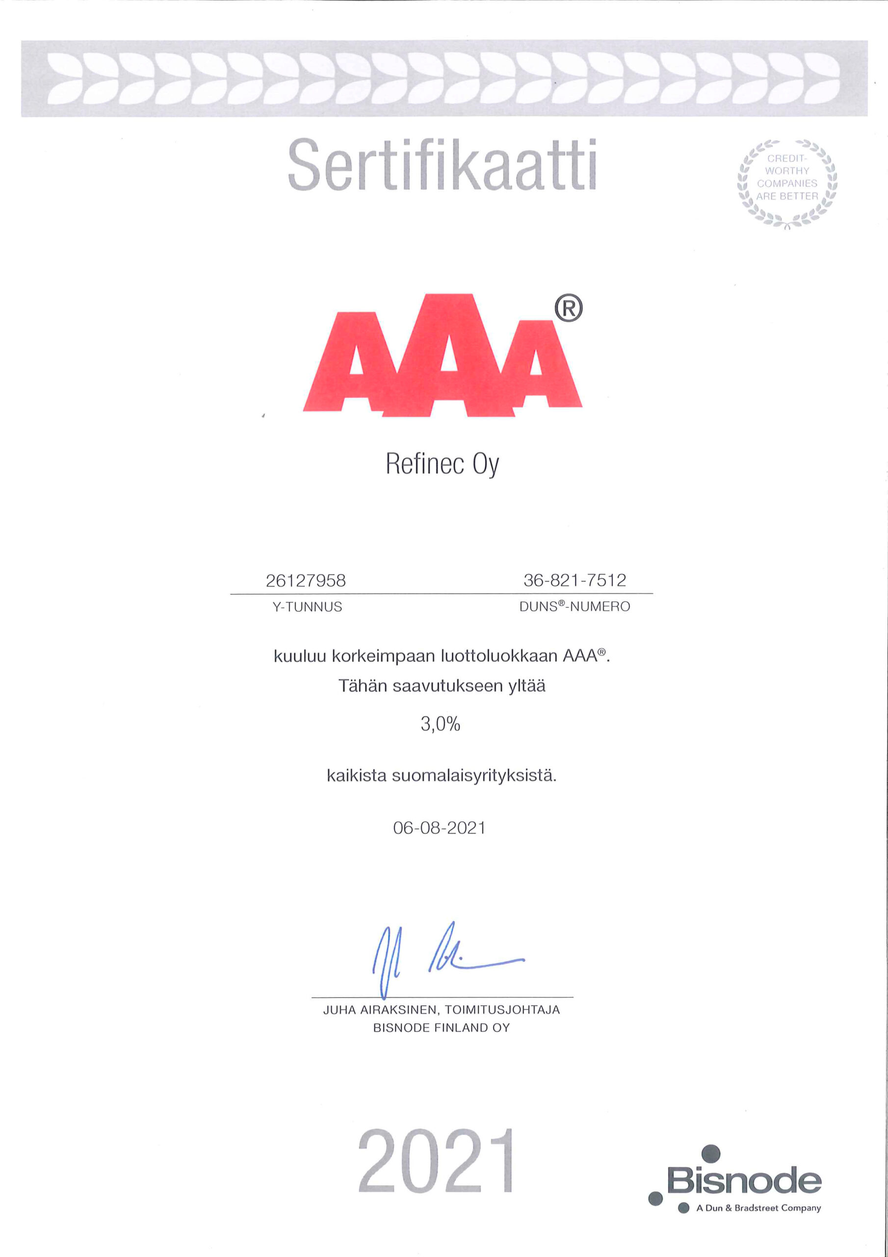 Kohteen AAA-sertifikaatti 2021 kansikuva